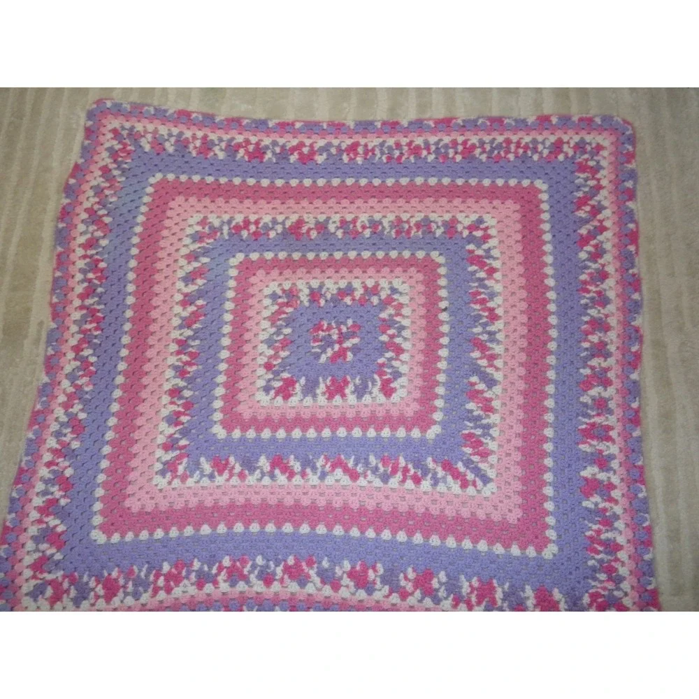 Hand Crochet Granny Square Blanket Afghan Throw Hot Pink Fuschia Purple 56x50
